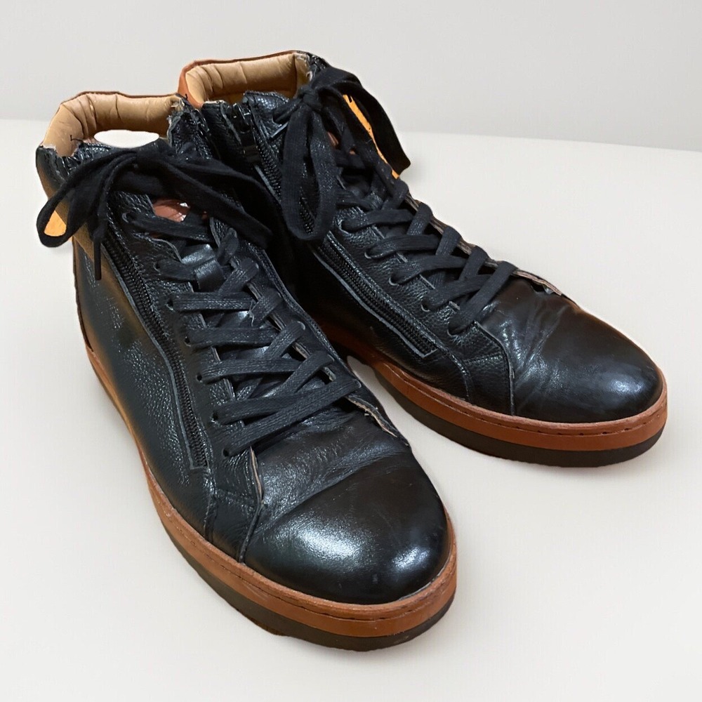 Steven Land Leather High top Sneaker Black Leather With Brown Trim Versatile EUC
